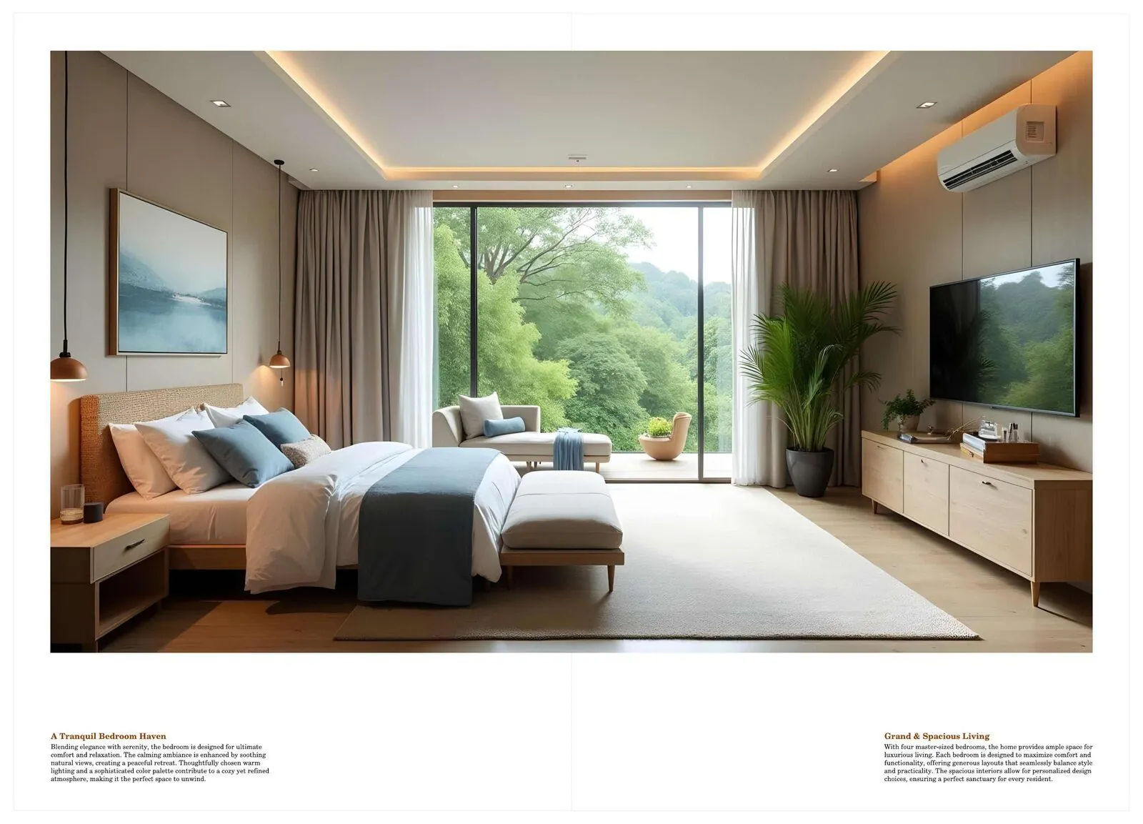 Master bedroom with forest-facing glazing, Shubhashish Forest villa township, SEZ Road Jaipur