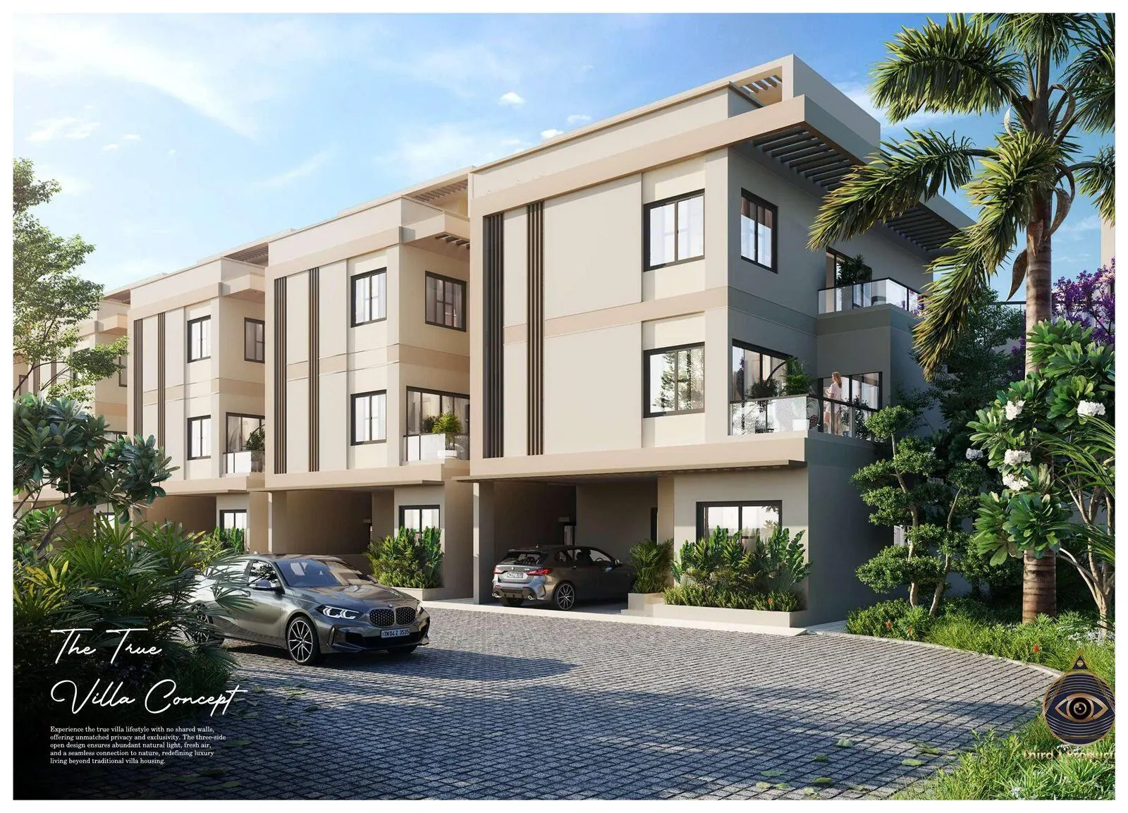 Shubhashish Forest triplex villa exterior render with private car parking, SEZ Road Jaipur