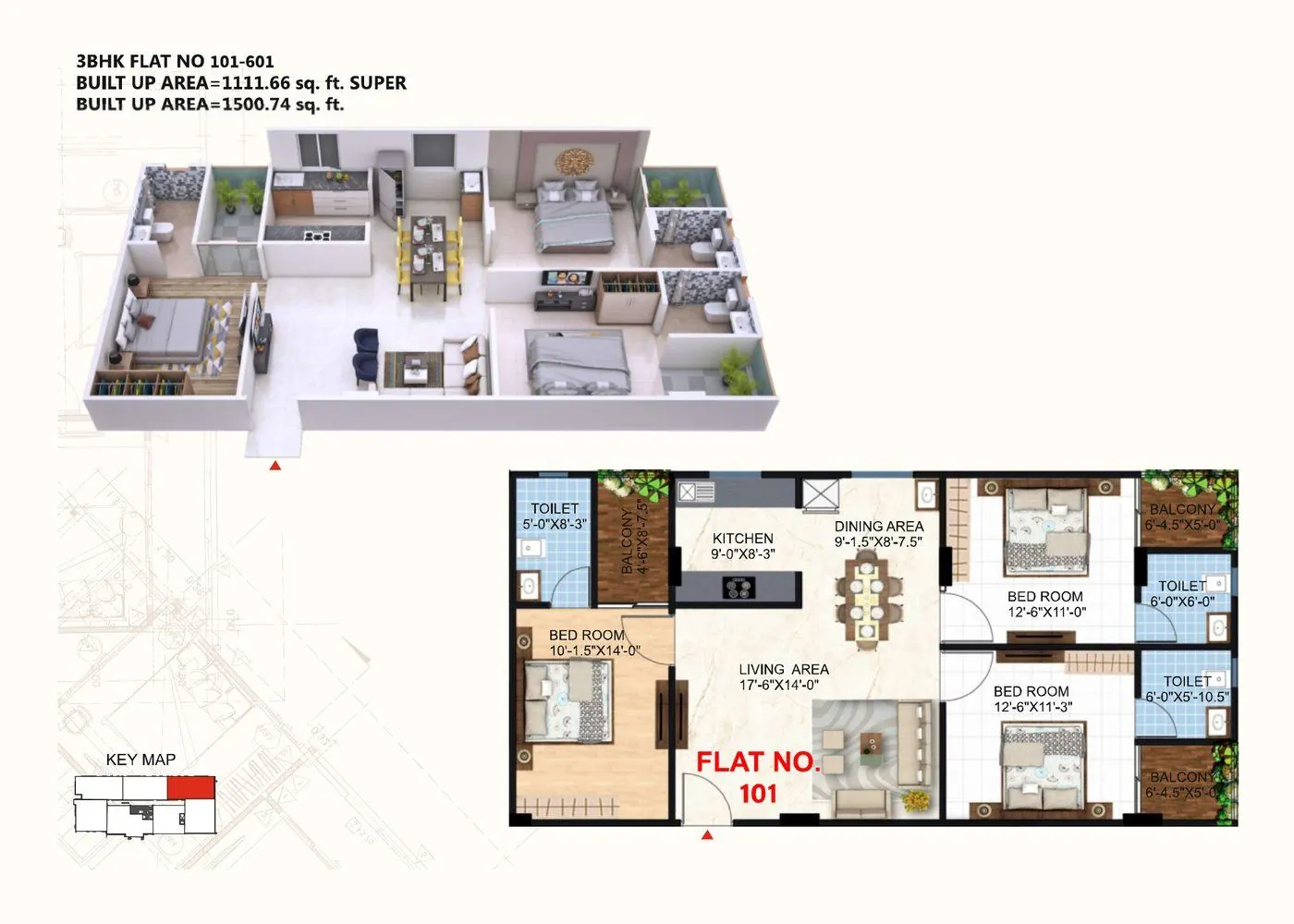 Sample 3BHK flat layout and 3D view, Krishna Kunj Height 2, Vaishali Nagar