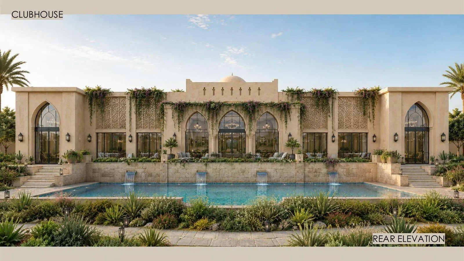 Clubhouse rear elevation with swimming pool, Mountain Life Farm, Jaipur