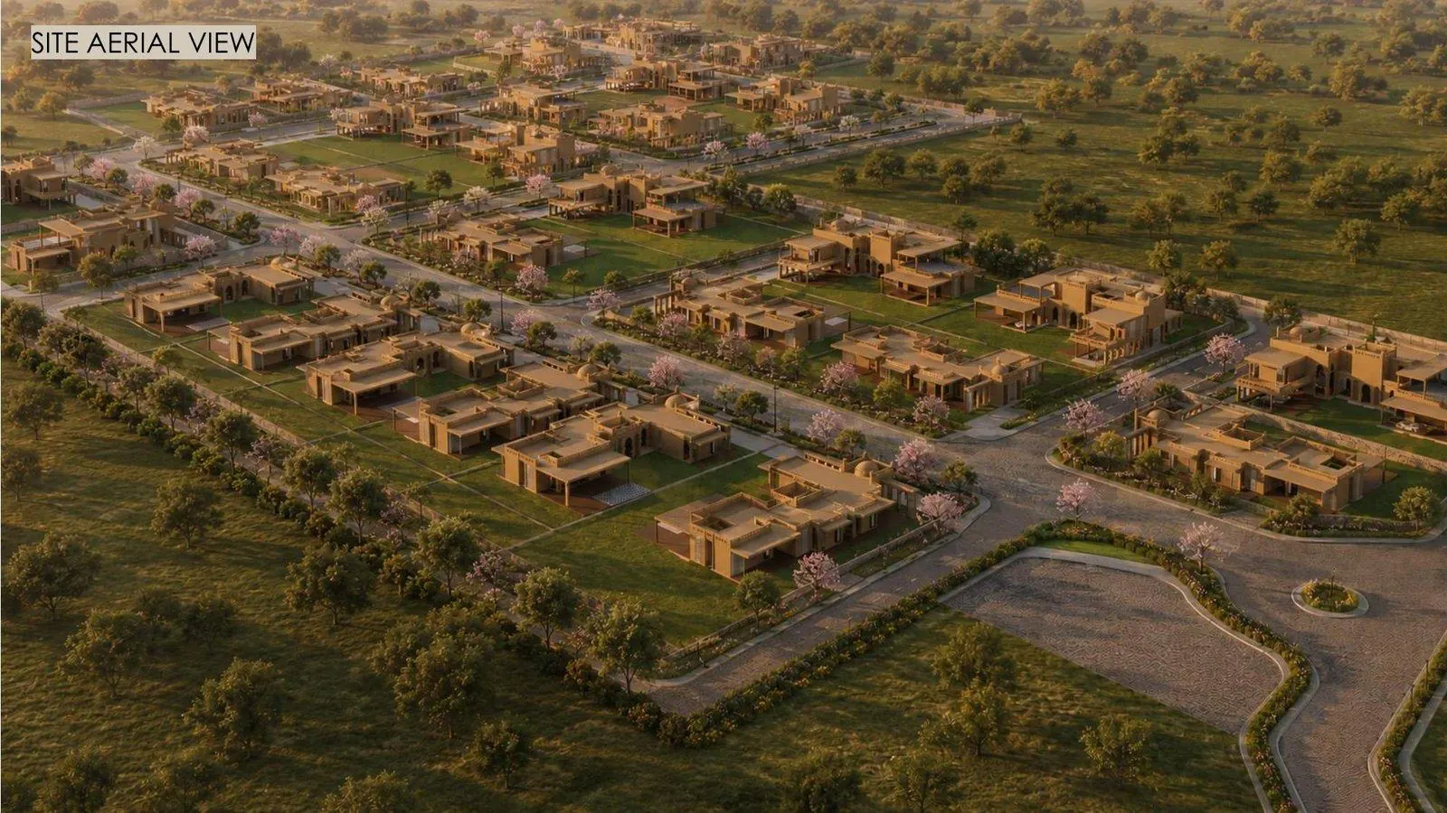 Aerial view of villa layout at Mountain Life Farm, Jaipur